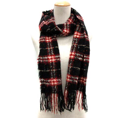 未使用　タグ付き　バーバリー　マフラー　ロング　フリンジ　赤　黒　チェック バーバリー BURBERRY マフラー チェック 黒 赤 /TK レディース 081
