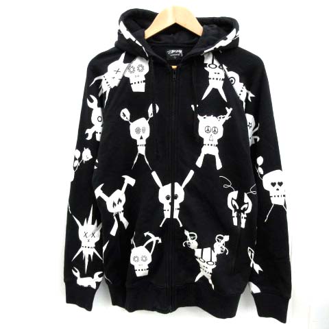 ステューシー STUSSY AUTHENTIC パーカー ジップアップ スカル L 黒  