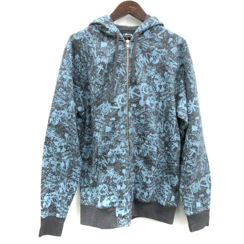 ステューシー STUSSY AUTHENTIC パーカー ジップアップ 総柄 L 青  