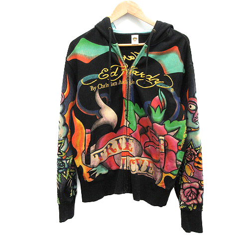 エドハーディー Ed Hardy ジャケット パーカー 総柄 M 黒 緑 黄 ピンク 
