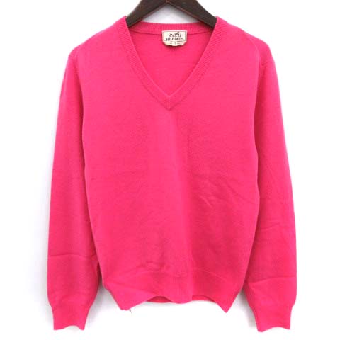 エルメス HERMES ニット セーター 長袖 カシミヤ Vネック XS ピンク  