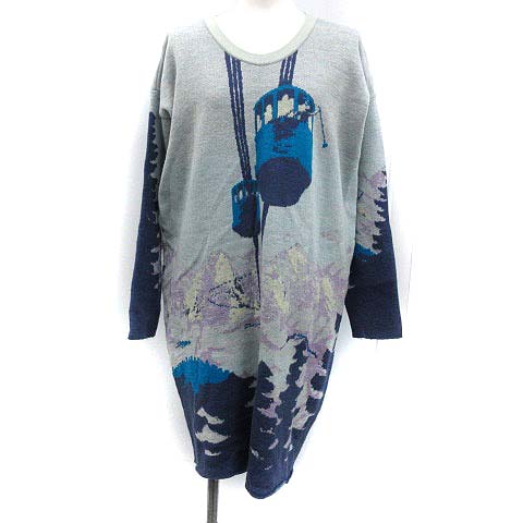 ツモリチサト Tsumori Chisato ワンピース ニット 長袖 ひざ丈 総柄 ウール 2 水色 紺 ブルー ネイビー Kh レディース 081 ベクトルパーク
