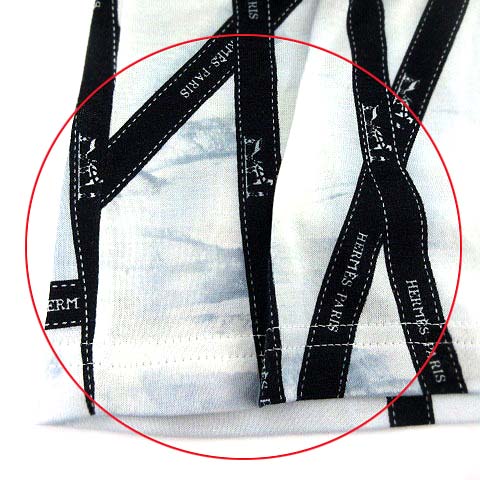 エルメス HERMES Tシャツ ボルデュック リボン柄 半袖 カットソー M 白 ネイビー /☆G レディース エルメス HERMES Tシャツ ボルデュック リボン柄 半袖 カットソー M 白 ネイビー /☆G レディース