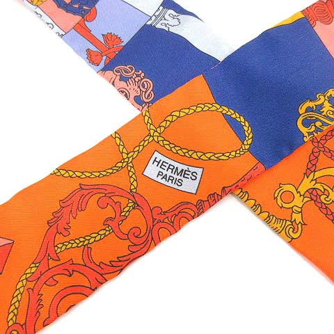 エルメス HERMES スカーフ ツイリー 総柄 シルク オレンジ