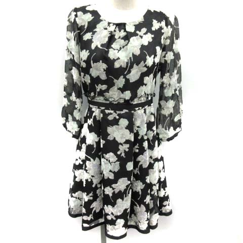 ミッシュマッシュ Misch Masch ワンピース ひざ丈 花柄 フレア 七分袖 M 黒 ブラック 黄緑 Ek Br レディース 081 ベクトルパーク