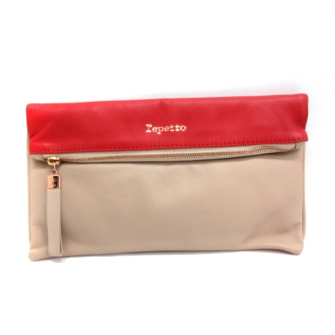 レペット Repetto クラッチバッグ レザー 赤 レッド ベージュ /MR ○D  