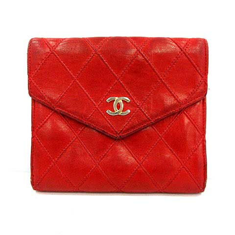 シャネル CHANEL 二つ折り 財布 Wホック ココマーク レザー 赤 レッド 