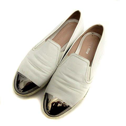 ミュウミュウ miumiu スニーカー スリッポン レザー 37.5 白 ホワイト /NT10 レディース