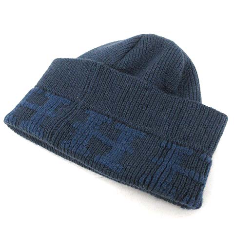 エルメス HERMES ニット帽 ニットキャップ 帽子 Hロゴ カシミヤ ME 紺  