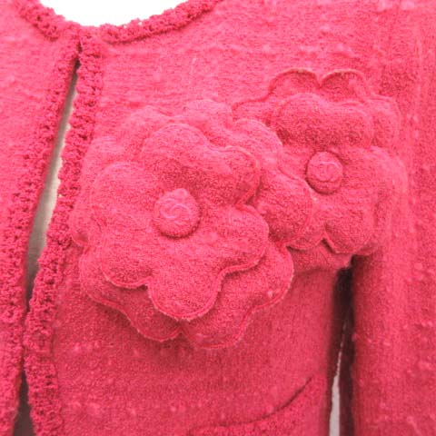 シャネル CHANEL ジャケット ノーカラー ツイード コサージュ 38