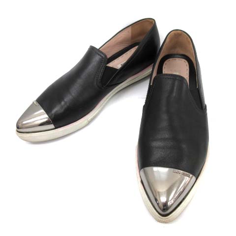 ミュウミュウ miumiu スリッポン シューズ レザー 38 黒 ブラック  