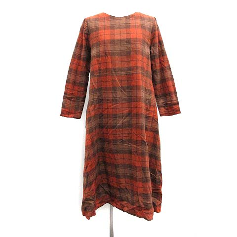 ヤエカ Yaeca ワンピース ロング ミモレ 長袖 チェック 麻混 リネン混 S 茶 ブラウン Mf21 レディース 081 ベクトルパーク