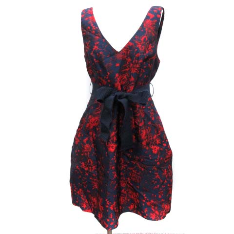 パロッシュ Parosh ワンピース 花柄 フレア ひざ丈 リボン ノースリーブ M 赤 レッド 紺 ネイビー Ek レディース 081 ベクトルパーク