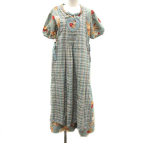 ピンクハウス Pink House エプロンワンピース ロング マキシ 五分袖 うさぎ柄 総柄 刺繍 チェック 青緑 ブルー グリーン Mf25 レディース 081 ベクトルパーク