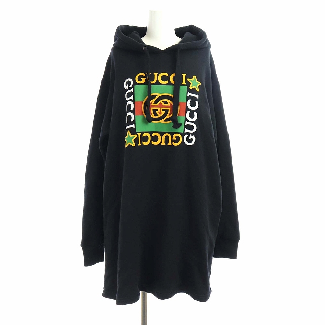 グッチ Gucci 年製 Jersey Hooded Dress With Logo パーカーワンピース スウェット 長袖 ひざ丈 Ggロゴ プリント S 黒 ブラック Kh Gy レディース 081 ベクトルパーク