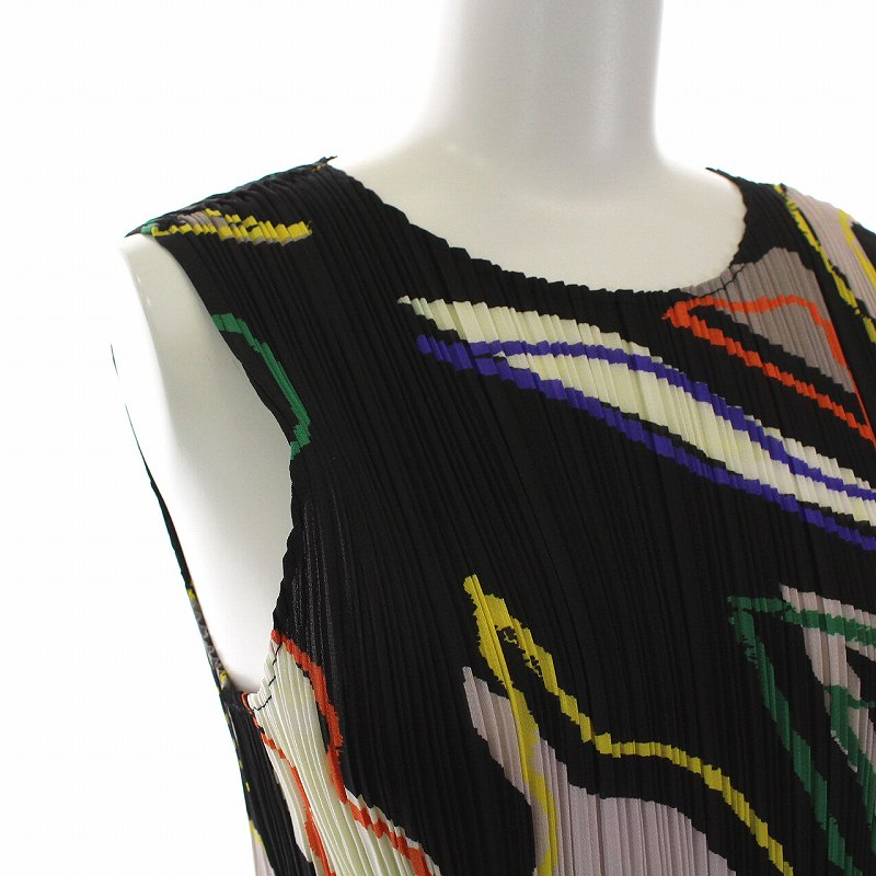 プリーツプリーズ PLEATS PLEASE イッセイミヤケ 20SS ノースリーブ カットソー タンクトップ 総柄 プリーツ 3 L 黒 マルチカラー /YM ■EC レディース