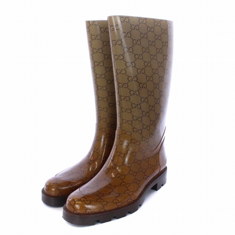 グッチ GUCCI GG柄 レインブーツ ロングブーツ 長靴 ラバー 38 25cm 茶 