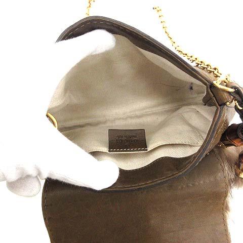グッチ GUCCI バンブー ショルダーバッグ レザー チェーン ファー 