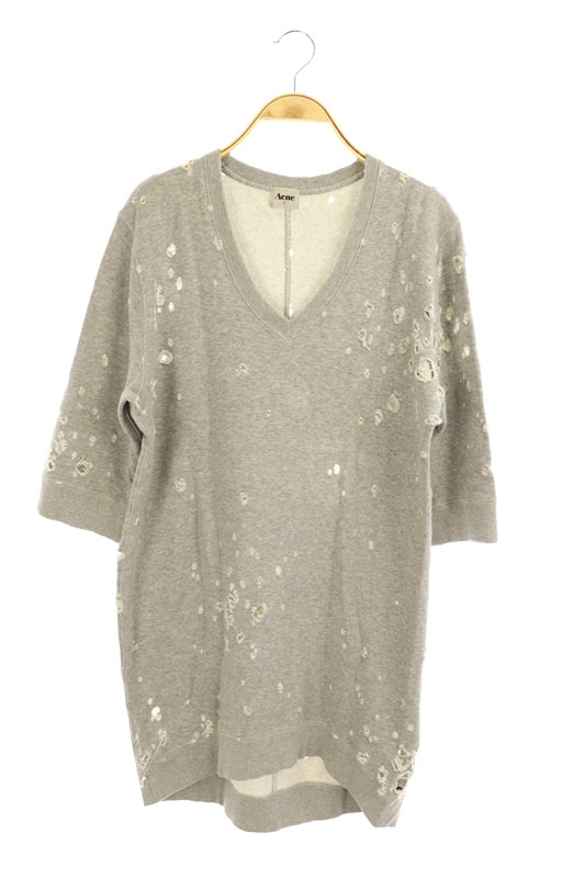 アクネ Acne スウェットワンピース ミニ 七分袖 Vネック 穴あきダメージ加工 S グレー My レディース 081 ベクトルパーク