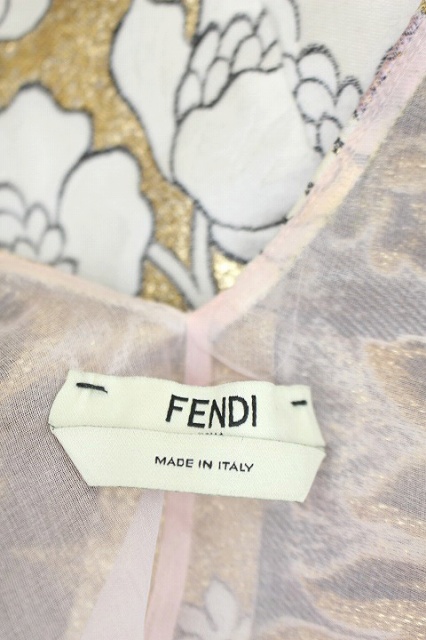 フェンディ FENDI ワンピース ノースリーブ Aライン 膝丈 シルク混 フラワージャガード ラメ Vネック 40 ゴールド 白 /HH ■OS■ レディース