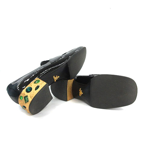 プラダ PRADA ローファー ヒール ビジュー エナメル 36.5 黒 ゴールド 