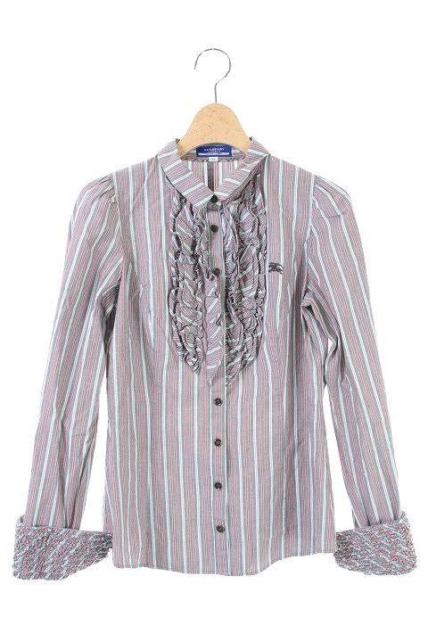 バーバリーブルーレーベル Burberry Blue Label フリルストライプシャツ ブラウス 長袖 38 グレー 白 赤 My Os H レディース 081 ベクトルパーク