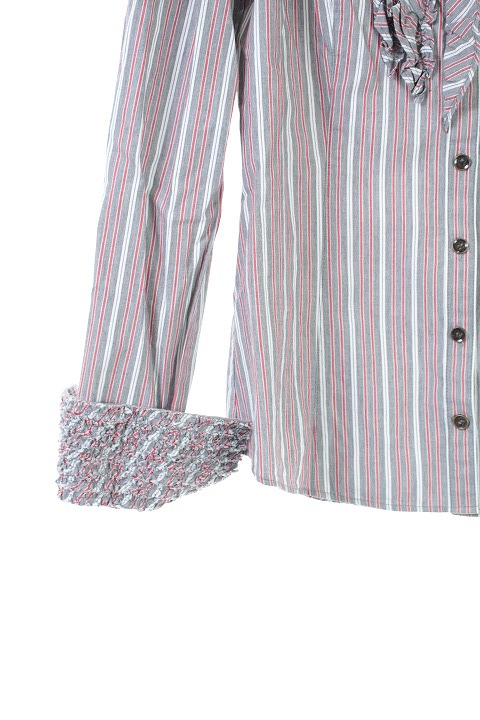 BURBERRY BLUE LABEL フリルデザイン ストライプ 長袖 シャツ 377☆BURBERRY バーバリーブルーレーベル フリルストライプ