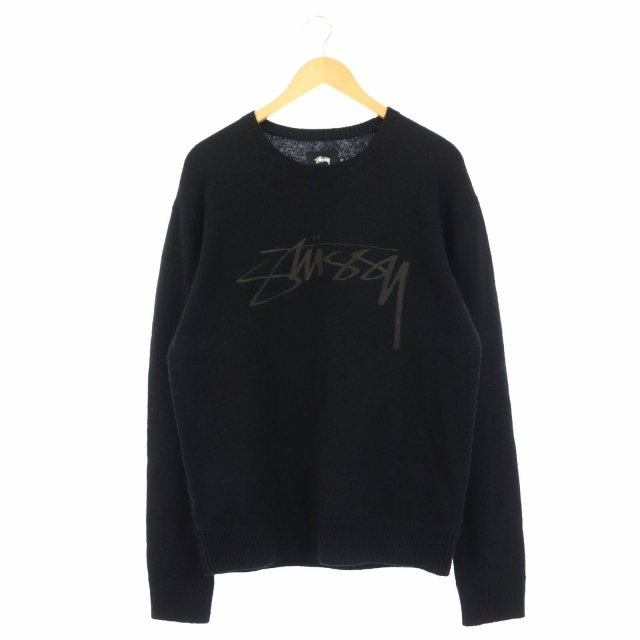 ステューシー STUSSY ニット セーター 長袖 ロゴ刺繍 ウール M 黒 