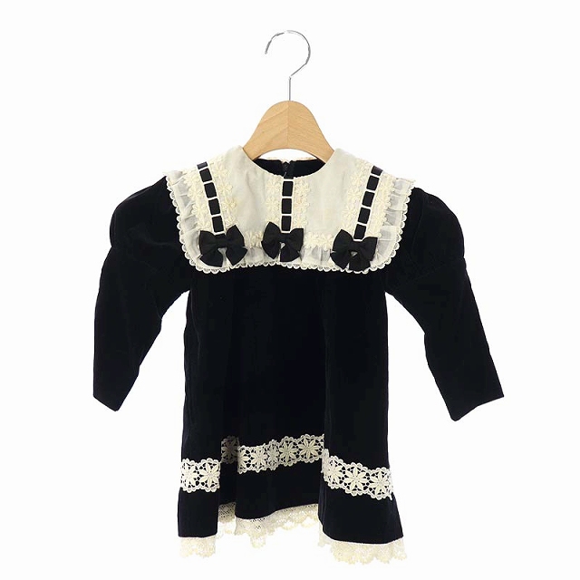 シャーリーテンプル Shirley Temple ワンピース 長袖 ベロア レース フリル リボン 90 黒 ブラック アイボリー Df Ec ベビー キッズ 081 ベクトルパーク