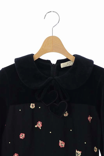 シャーリーテンプル Shirley Temple ワンピース ひざ丈 切替 ベロア 花柄 長袖 150 黒 ブラック ピンク アイボリー Df Ec キッズ 081 ベクトルパーク