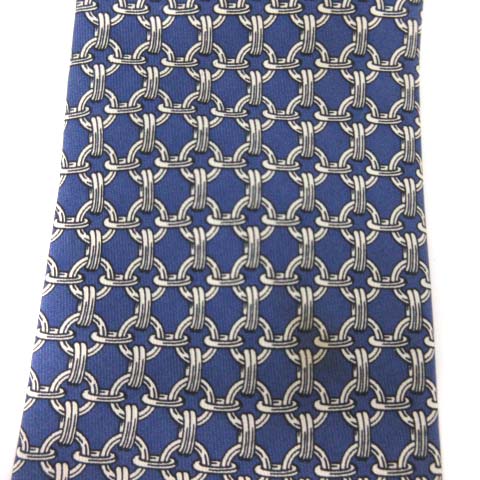 エルメス HERMES 59EA ネクタイ 総柄 鎖柄 シルク 青 ブルー /ST
