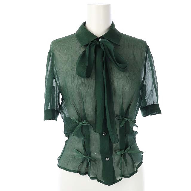 プラダ PRADA ブラウス シアーシャツ 半袖 シルク リボン付き 38 緑