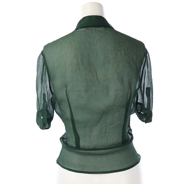 プラダ　PRADA 新品　シルク混ブラウス　サイズ38 オリーブグリーン プラダ PRADA ブラウス シアーシャツ 半袖 シルク リボン付き 38 緑