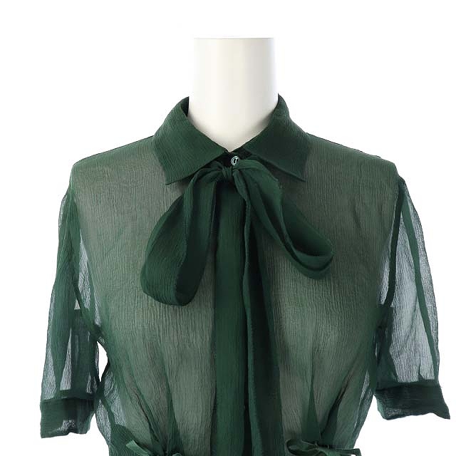 プラダ　PRADA 新品　シルク混ブラウス　サイズ38 オリーブグリーン プラダ PRADA ブラウス シアーシャツ 半袖 シルク リボン付き 38 緑
