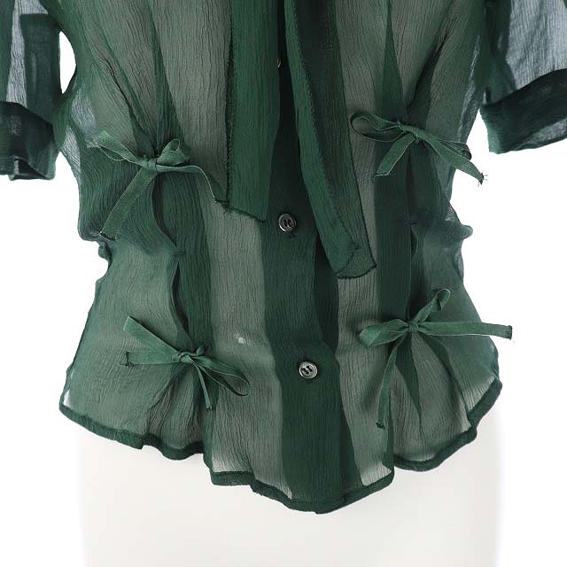 プラダ PRADA ブラウス シアーシャツ 半袖 シルク リボン付き 38 緑 