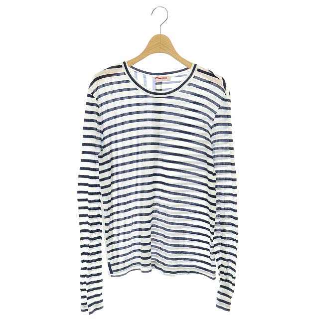 プラダ PRADA カットソー Tシャツ 長袖 ボーダー L 白 紺 ホワイト 