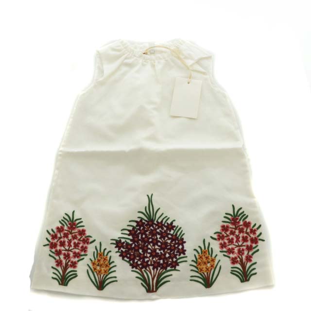 未使用品 グッチ Gucci 刺繍付きノースリーブワンピース ひざ丈 ギャザー 花 フラワー 子供服 18 24 90cm 麻混 リネン混 白 ホワイト St Ec キッズ 081 ベクトルパーク