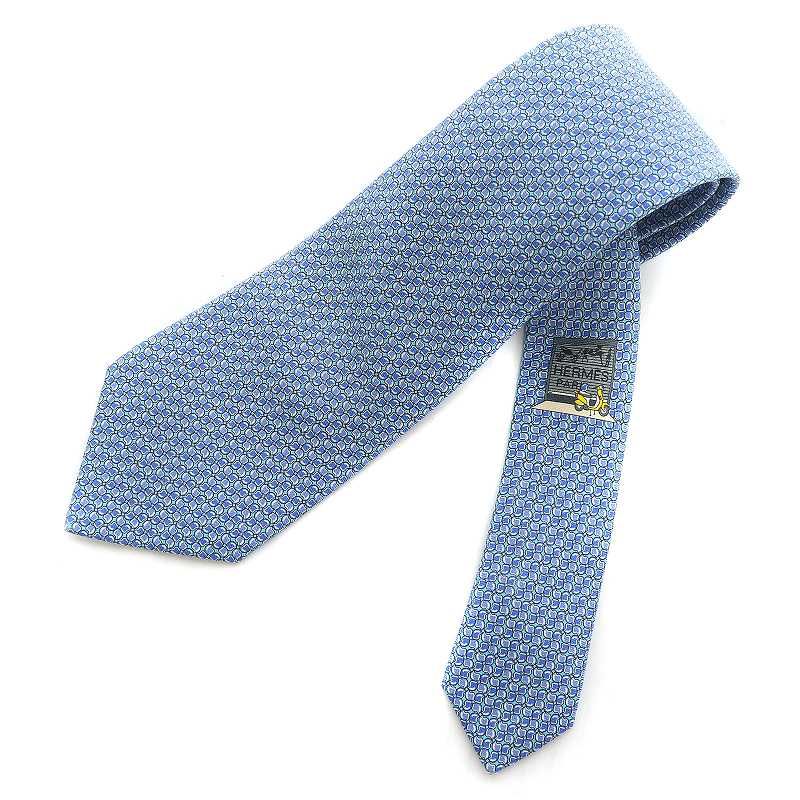 エルメス HERMES ネクタイ レギュラータイ 総柄 絹 シルク 青 ブルー  