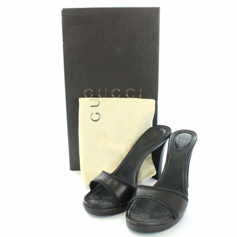 グッチ GUCCI サンダル ミュール ヒール レザー GG柄 35 22cm 茶 