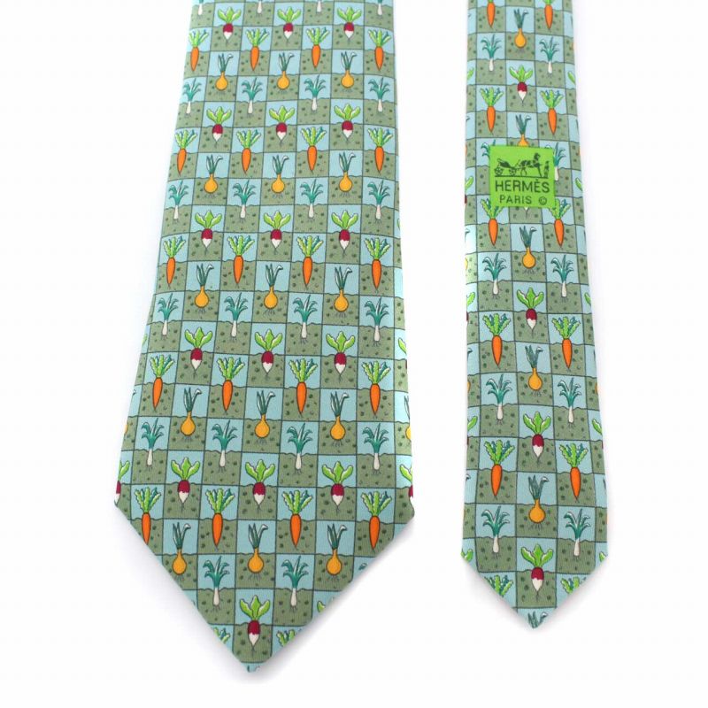 HERMES エルメス フランス製 ネクタイ 総柄 野菜 シルク エルメス HERMES 野菜柄 総柄 ネクタイ フランス製 シルク 絹 緑