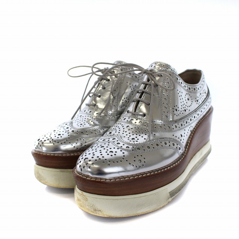 純正最安価格 ミュウミュウ Miumiu スニーカー シューズ メタリック ウェッジソール 厚底 レースアップ ラウンドトゥ レザー 切替 36 23cm シルバー Nm Gy02 レディース 買取 価格 表 Institutoitf Cl