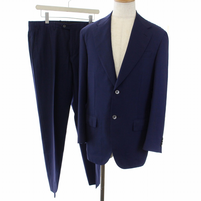 コルネリアーニ Corneliani スーツ セットアップ上下 テーラードジャケット シングル パンツ スラックス ストライプ 背抜き ウール 50 L 紺 ネイビー /NM ■EC メンズ