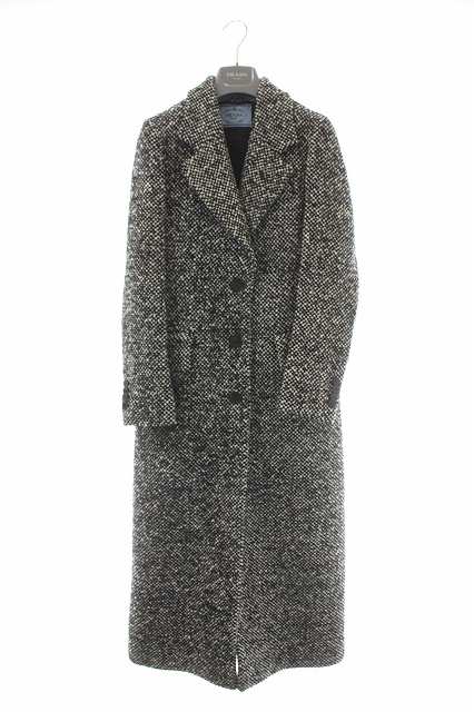 プラダ PRADA ツイードロングコート チェスター アウター 38 S 黒 白  