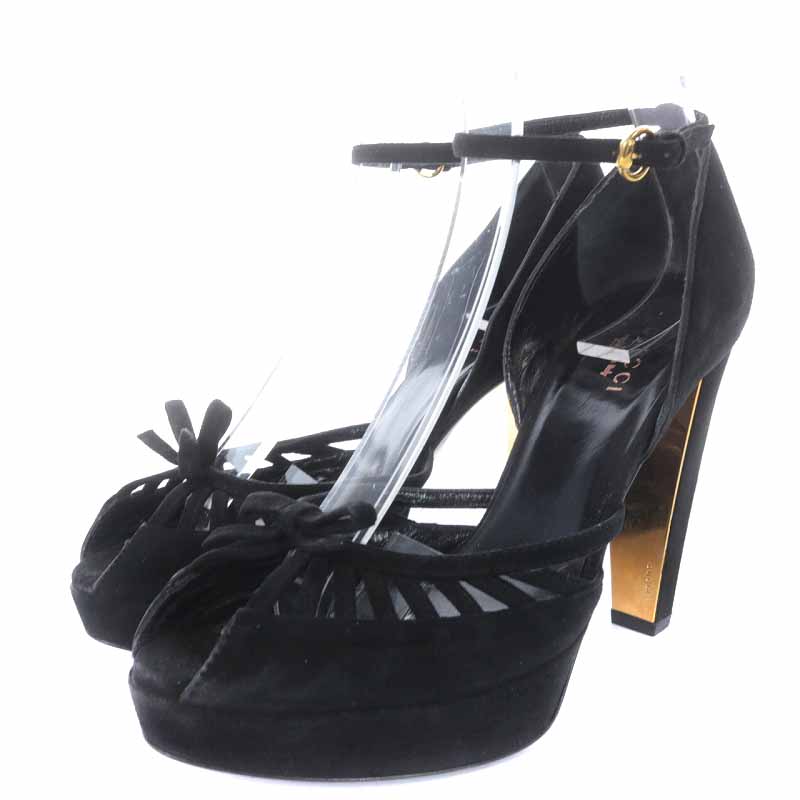 グッチ GUCCI ストラップパンプス スエード オープントゥ ハイヒール 