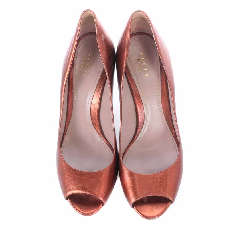 グッチ GUCCI パンプス レザー オープントゥ ハイヒール 厚底 37 24cm 