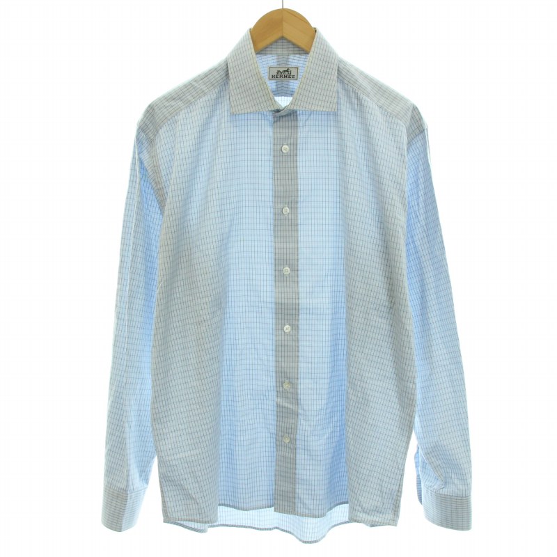 エルメス HERMES シャツ スタンダードカラー 長袖 チェック柄 コットン  