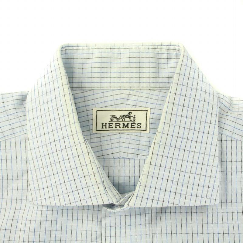 エルメス HERMES シャツ スタンダードカラー 長袖 チェック柄 コットン  
