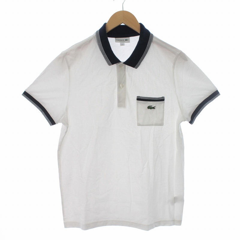 ラコステ LACOSTE ストライプリブポロシャツ 半袖 ワンポイント 4 M 白 