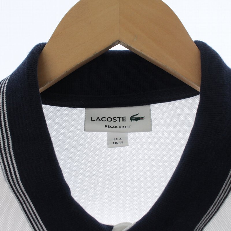 新品未使用 LACOSTE ネイビー/ホワイト ストライプ ポロシャツ L ラコステ LACOSTE ストライプリブポロシャツ 半袖 ワンポイント