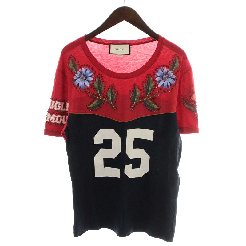 グッチ GUCCI Tシャツ カットソー 半袖 ロゴ 25 スタッズ プリント 花 